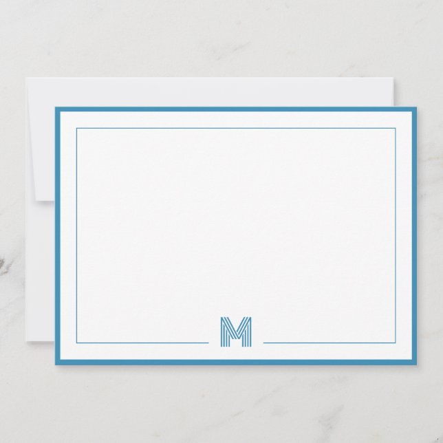 Blue Monogram Double Border Stationery Card (Front)