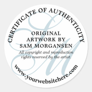 Blue Monogram Elegant Certificate of Authenticity Classic Round Sticker