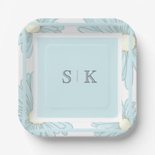 Blue Monogram Engagement Party Floral Paper Plate