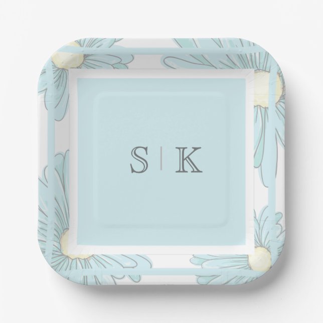 Blue Monogram Engagement Party Floral Paper Plate (Front)