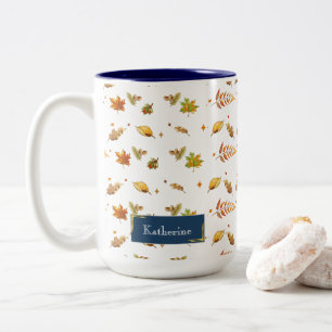 Blue Monogram Fall Leaf Thanksgiving Two-Tone Coffee Mug