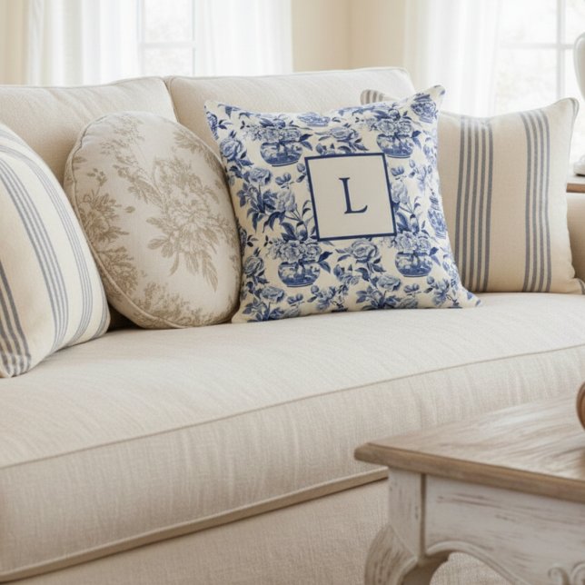 Blue Monogram French Country Throw Pillow (Creator Uploaded)