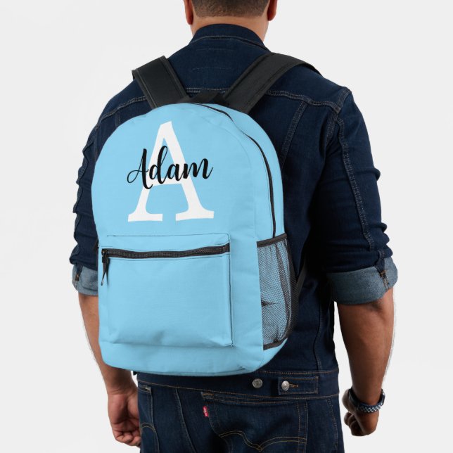 Blue Monogram Name Script Personalised Design Printed Backpack (Insitu (Model))