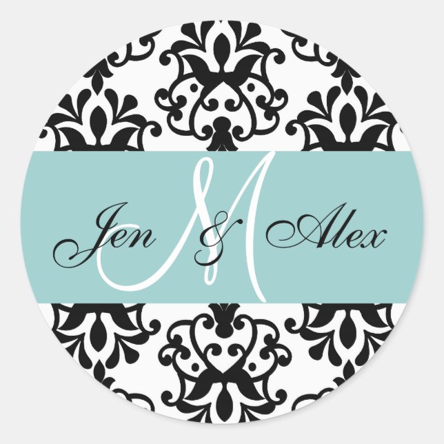 Blue Monogram Names Damask Wedding Seal (Front)