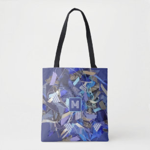 Blue monogram navy stripes nautical abstract grey tote bag