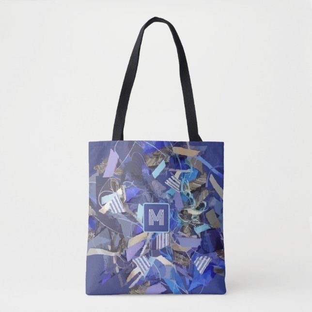 Blue monogram navy stripes nautical abstract grey tote bag (Front)