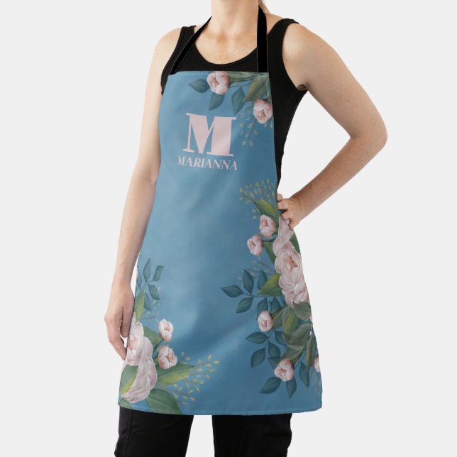 Blue Monogram Personalised Pink Floral Roses Apron (Insitu)