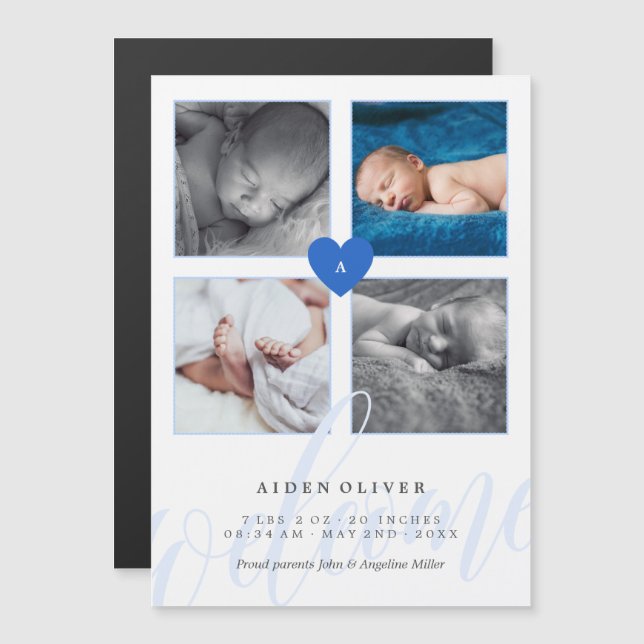 Blue Monogram Photo Collage Baby Announcement (Front/Back)