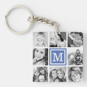Blue Monogram Photo Collage Key Ring