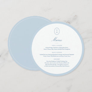 Blue Monogram Round Wedding Menu Card