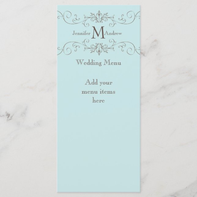 Blue Monogram Swirls Wedding Menu Cards (Front)