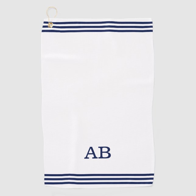 Blue Monogram & Three Stripes on White Golf Towel (Front)