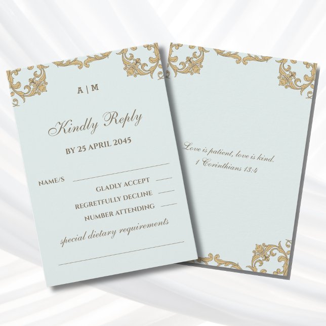 Blue Monogram Victorian Christian Wedding RSVP  Card (Creator Uploaded)