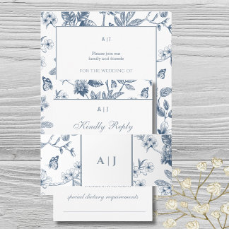 Blue Monogram Vintage Floral French Wedding Invitation Belly Band