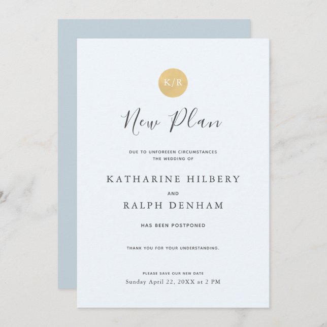 Blue Monogram Wedding New Plan Announcement (Front/Back)