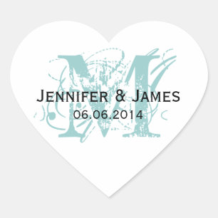 Blue Monogram Wedding Stickers Heart Shape