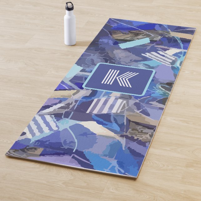 Blue monogram white grey abstract stripes nautical yoga mat (In Situ)