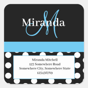 Blue Monogram White Polka Dot Return Address Square Sticker