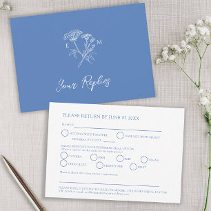 Blue monogram wildflower meal option wedding RSVP card