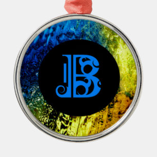 Blue Monogramed B on Gold, Blue and Black Metal Tree Decoration