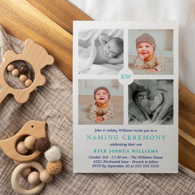 Blue Monogrammed Photo Collage Naming Ceremony Holiday Card (Creator Uploaded)