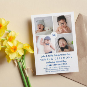 Blue Monogrammed Photo Collage Naming Ceremony Invitation