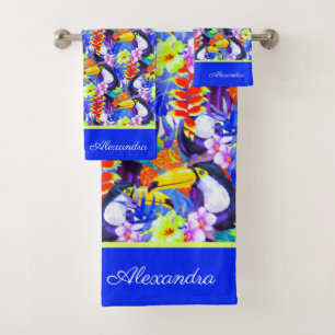 Blue Monogrammed Toucan bird tropical flowers Bath Towel Set