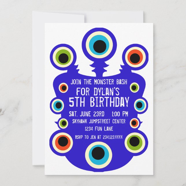 Blue Monster Eyes Birthday Party Invitations (Front)