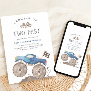 Blue Monster Truck 2nd Birthday Invitation