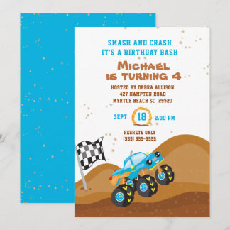 Blue Monster Truck 4th Birthday Racing Invitation