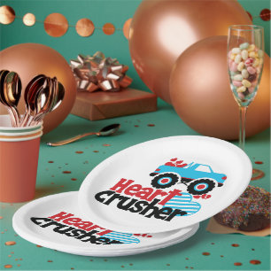 Blue Monster Truck Heart Crusher Valentine Paper Plate