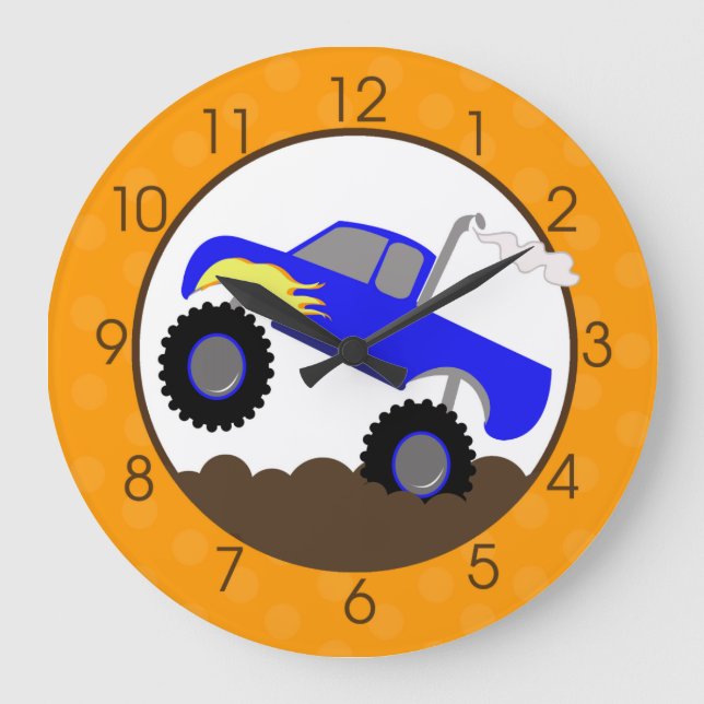 Blue Monster Truck Wall Clock with Orange/Browns (Front)
