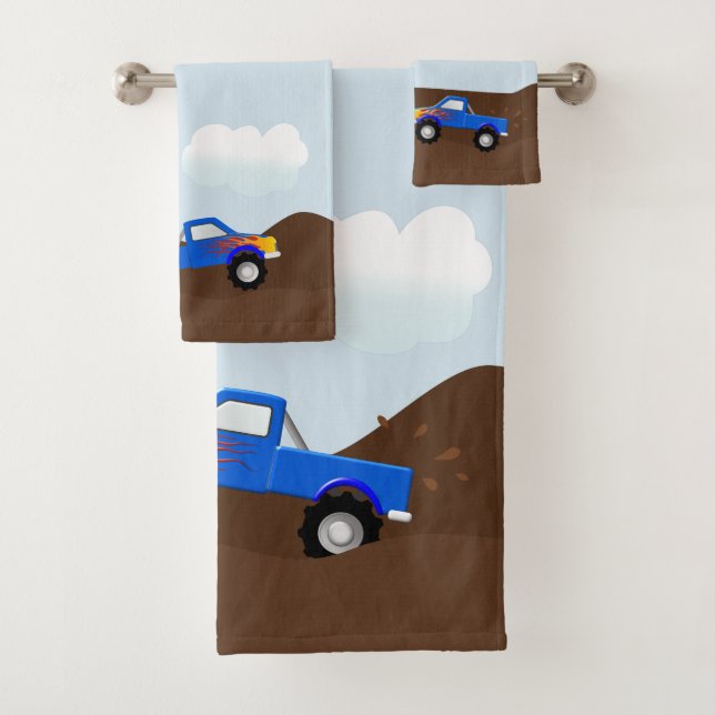 Blue Monster Trucks With Flames Bath Towel Set (Insitu)