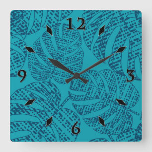 Blue monstera leaves . square wall clock