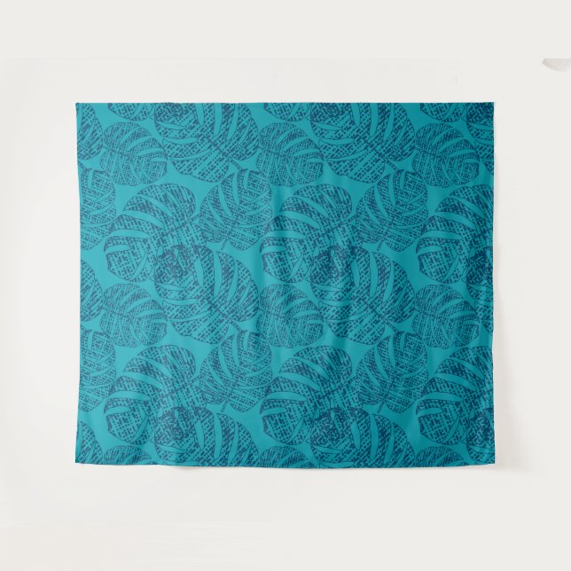 Blue monstera leaves . tapestry (Front (Horizontal))