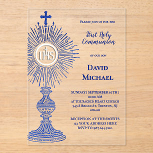 blue monstrance design   First Holy Communion Acrylic Invitations