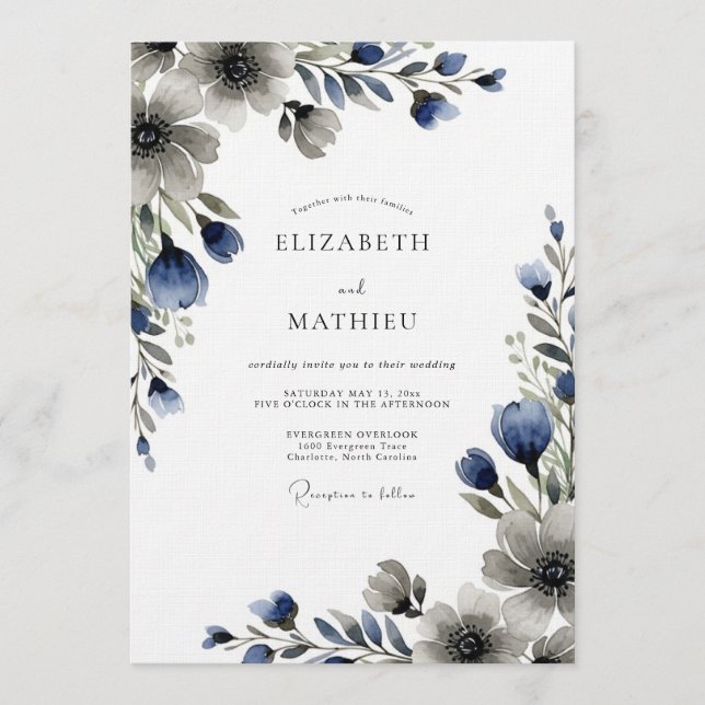Blue Moody Floral Wedding Invitation (Front)