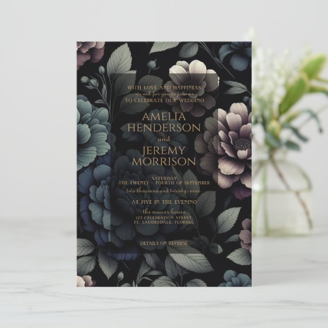 Blue Moody Floral with Details Invitation (Standing Front)
