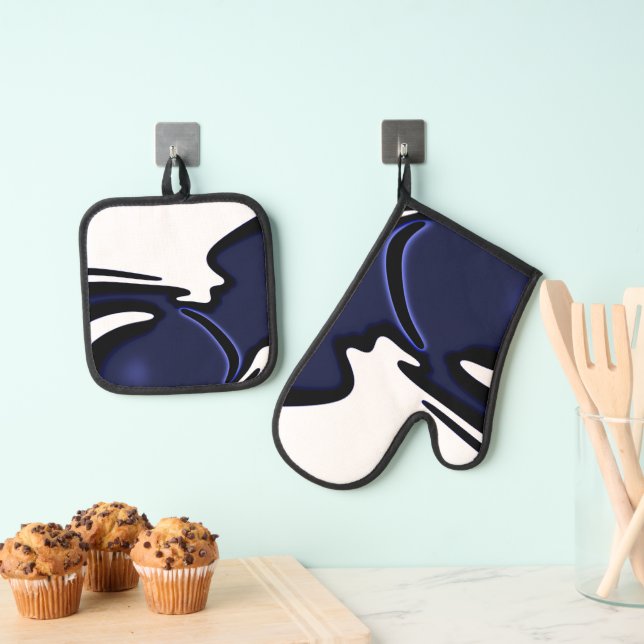 Blue Moon: Abstract Blue, White & Black Oven Mitt & Pot Holder Set (Insitu(Hanging))