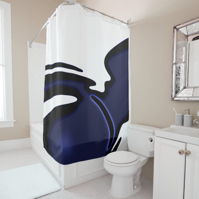 Blue Moon: Abstract Blue, White & Black Shower Curtain (In Situ)