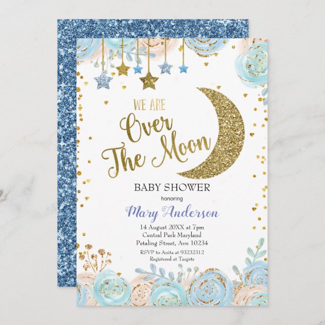 Blue Moon and Star Baby Shower  Invitation (Front/Back)