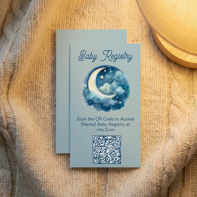Blue moon and stars baby shower QR Code Registry Enclosure Card (Blue moon and stars baby shower QR Code Registry Enclosure Card.)
