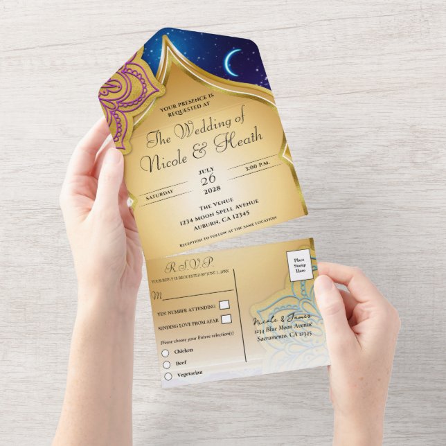 Blue Moon Arabian Nights Glam Gold Purple Wedding All In One Invitation (Tearaway)