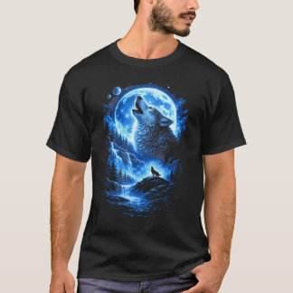 Blue Moon Howling Wolf Forest Waterfall Night Sky T-Shirt