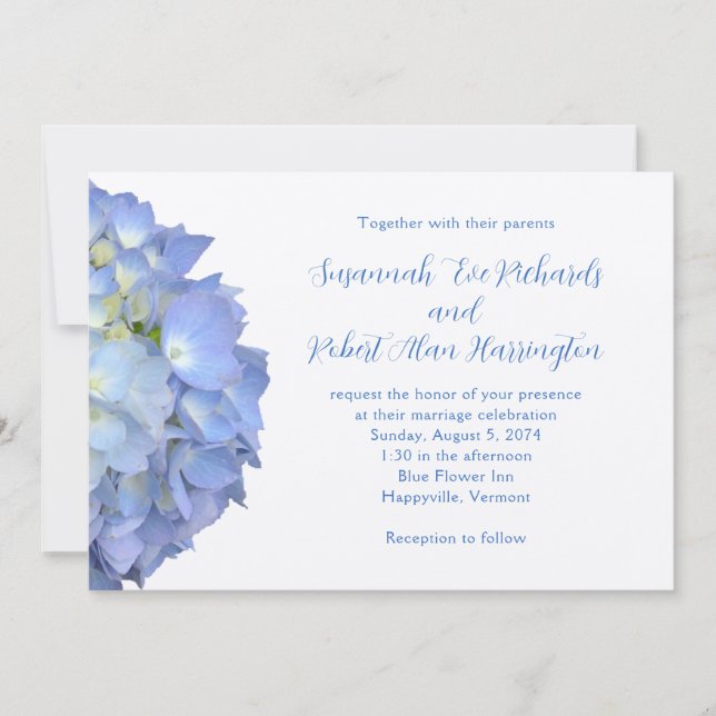 Blue Moon Hydrangea Horizontal Wedding Invitation (Front)