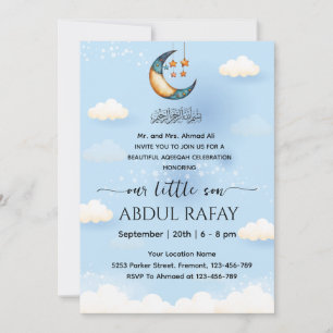 Blue Moon Islamic baby boy Aqeeqah Invitation