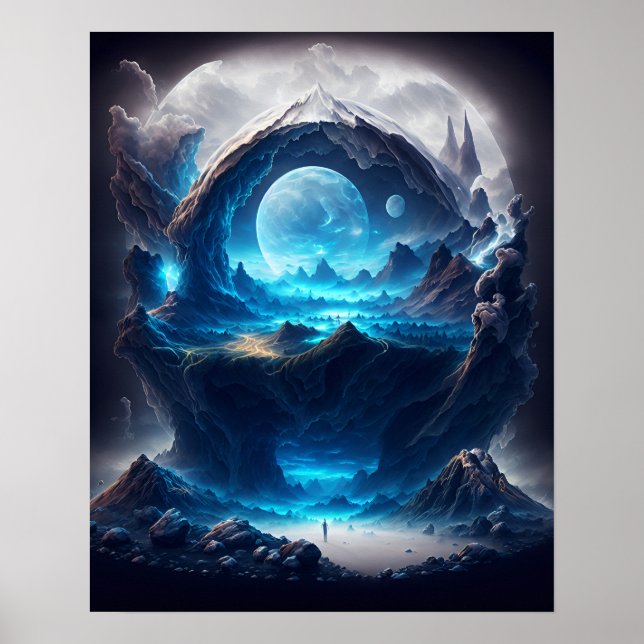 Blue Moon Over A Magical Landscape Poster (Front)