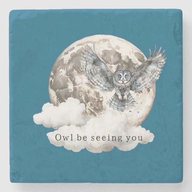 Blue Moon Owl Be Seeing You Stone Coaster (Front)