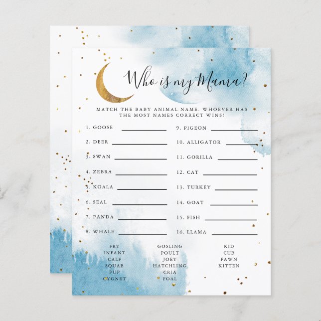 Blue Moon Who Is My Mama Baby Shower Game (Front/Back)