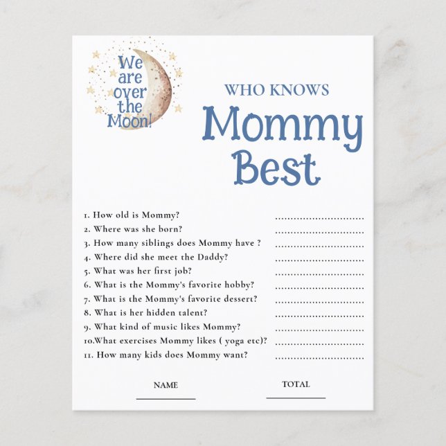 Blue Moon Who knows Mommy Best Baby Shower Game (Front)